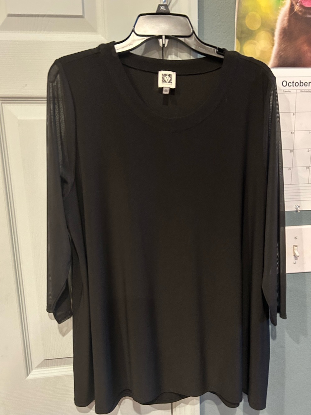 Anne Klein Black Women's Sheer-Sleeve Top -size XL
